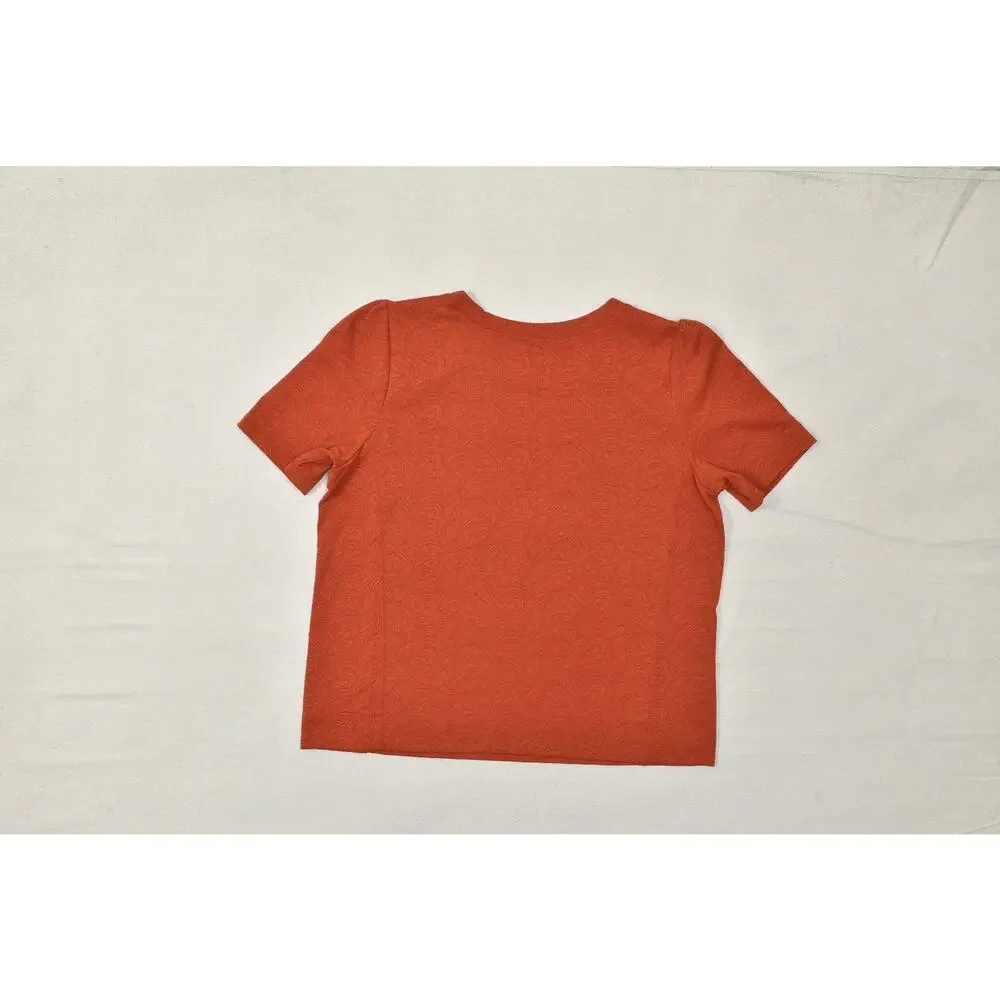 LOFT Women's XL Burnt Orange Textured Puff Sleeve Crew Neck Knit Top